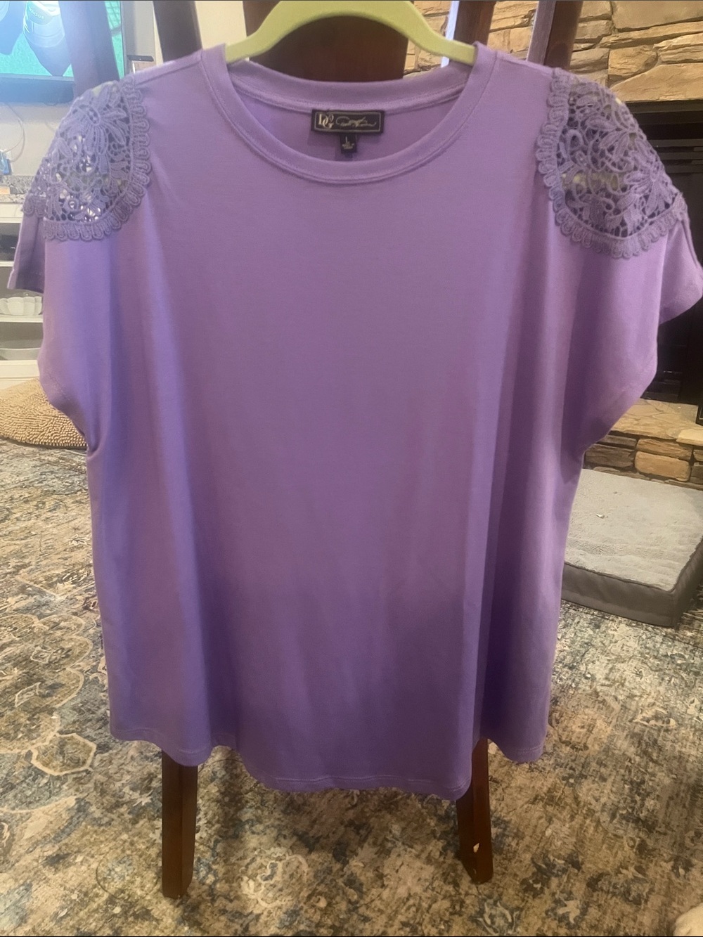 DG2 by Diane Gilman Lavender Short Sleeve Top with Crochet Shoulders